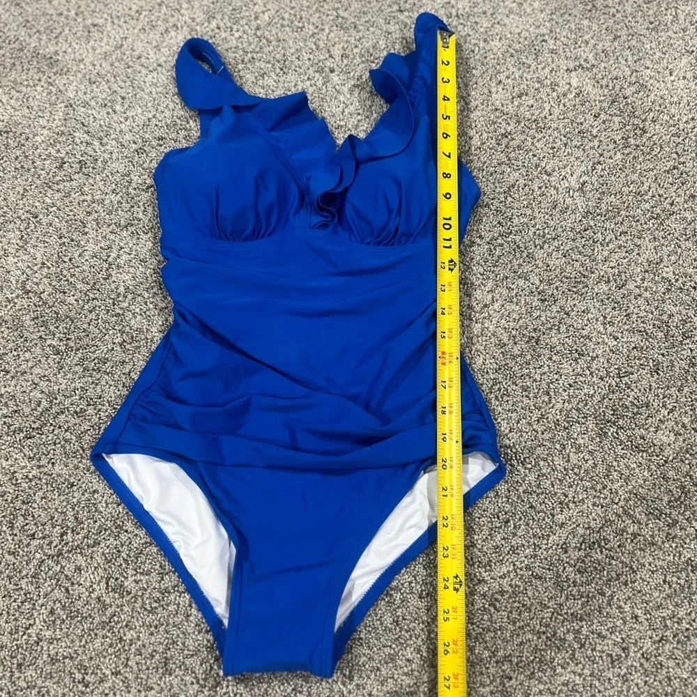 NWOT DKNY Women Ruffle Plunge Underwire Tummy Control One-Piece Swimsuit US 10 - Picture 3 of 10